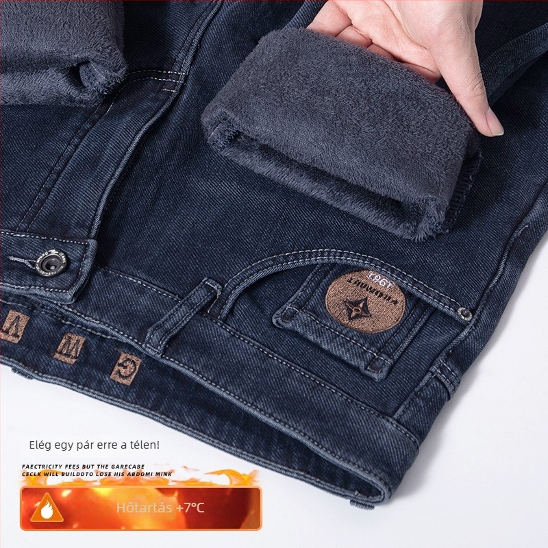 Férfi denim farmer fleece-béléssel, egyenes szabás, középmagas derék, cipzár, hímzés