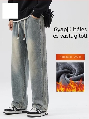 Téli férfi farmernadrág fleece béléses, egyenes szabás, lazán illeszkedő, vintage hatású, mindennapi nadrág