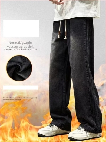 Téli férfi farmernadrág fleece béléses, egyenes szabás, lazán illeszkedő, vintage hatású, mindennapi nadrág