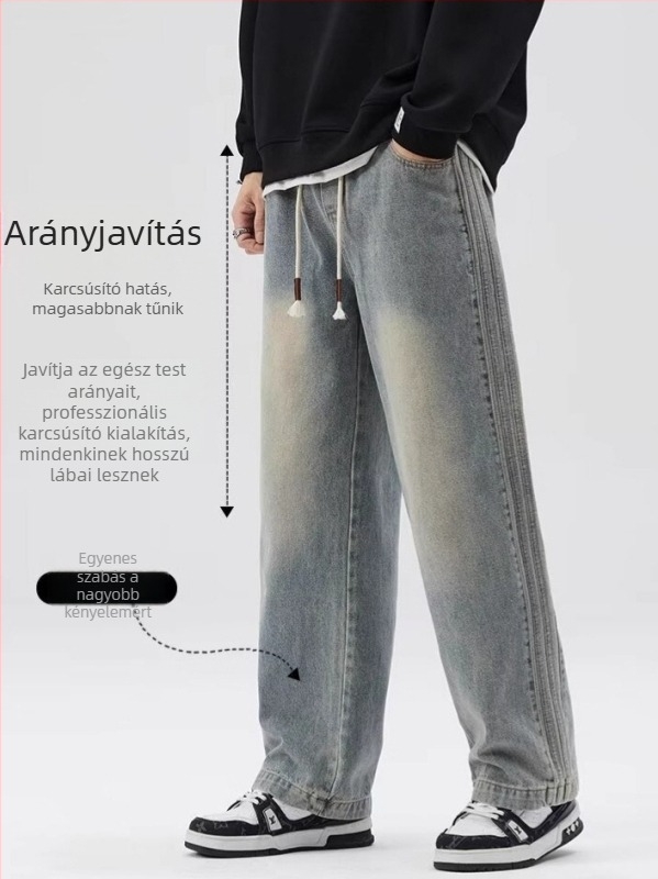 Téli férfi farmernadrág fleece béléses, egyenes szabás, lazán illeszkedő, vintage hatású, mindennapi nadrág