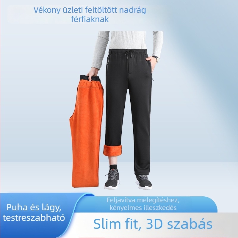 Férfi fleece-béléssel ellátott egyenes szabású nadrág, ősz-tél 2025, középmagasságú derék, mikro-elasztikus, szabadidő és üzleti casual viseléshez