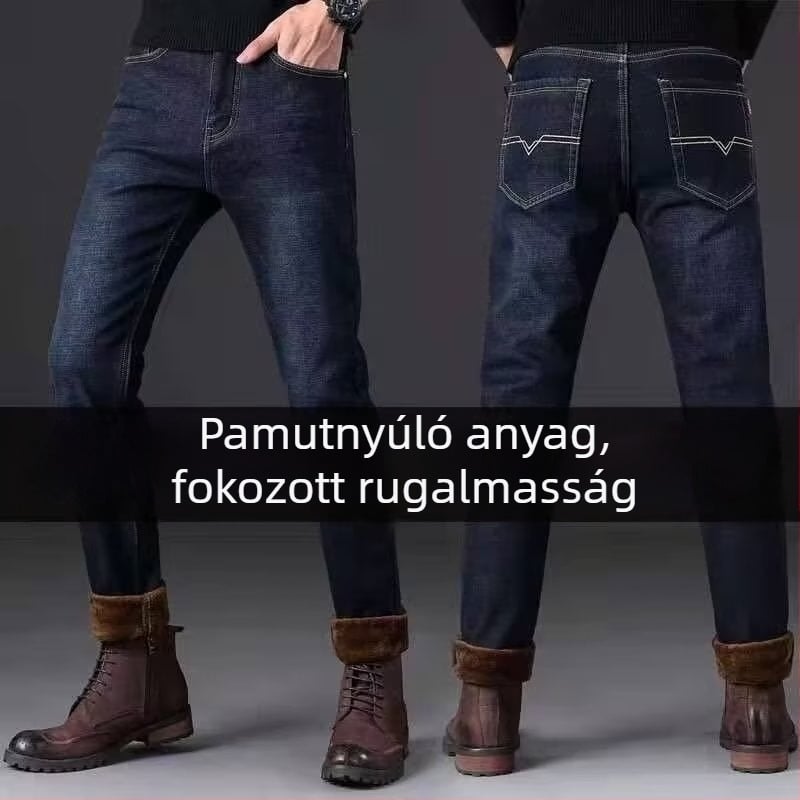 Férfi fleece-sel bélelt slim-fit farmer, középmagasságú derék és kötőzáras zárás