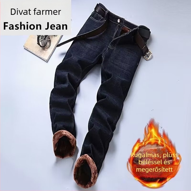 Férfi fleece-sel bélelt slim-fit farmer, középmagasságú derék és kötőzáras zárás