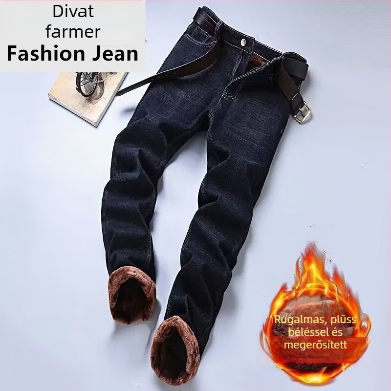 Férfi fleece-sel bélelt slim-fit farmer, középmagasságú derék és kötőzáras zárás