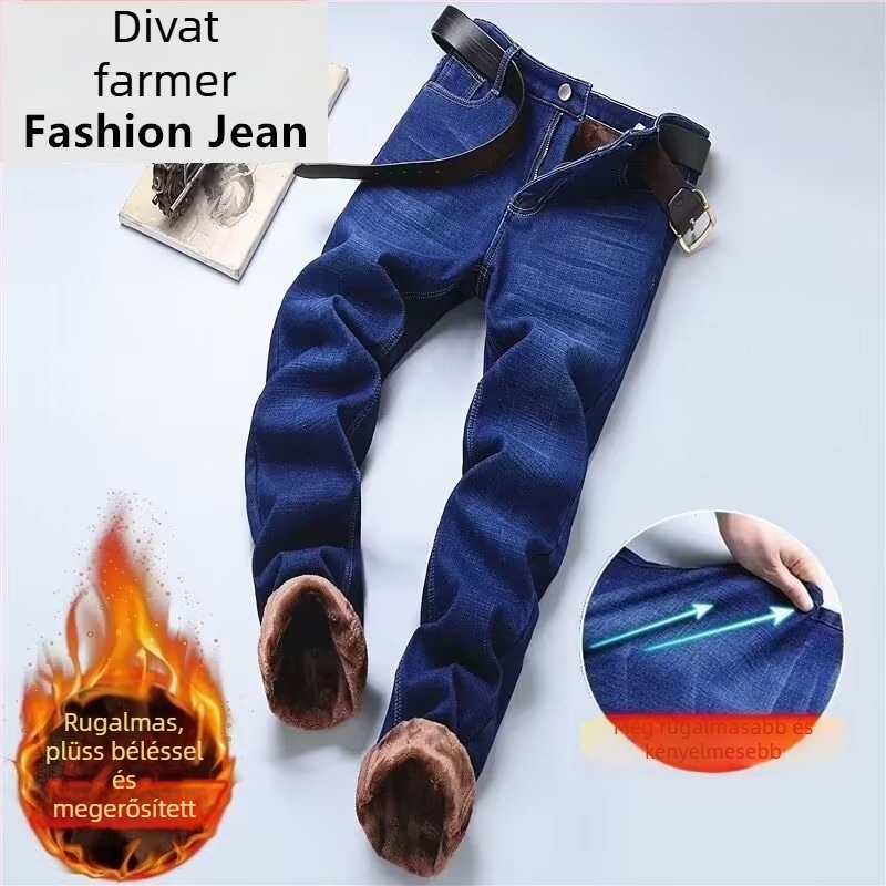 Férfi fleece-sel bélelt slim-fit farmer, középmagasságú derék és kötőzáras zárás