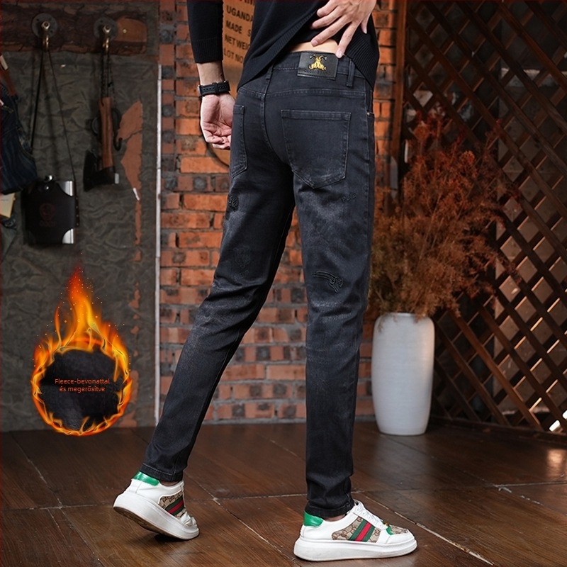 Hímzett farmernadrág fleece bélésével, slim-fit vonal, koreai stílus, 70% pamut