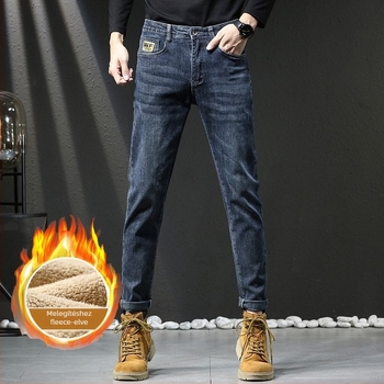 Férfi farmer nadrág – egyenes szabás, fleece bélés, magas derék, cipzár, pamut 61,4% / poliészter 37,8% / spandex 0,8%, téli modell 2025