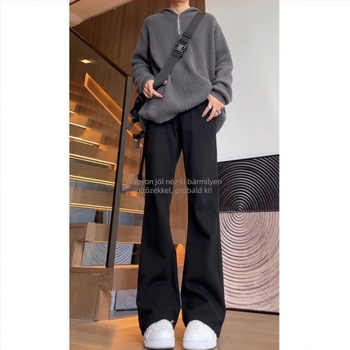 Őszi egyenes szabású farmer, középmagas derék, cipzár, vastag pamut denim, plisírozott mandzsetta