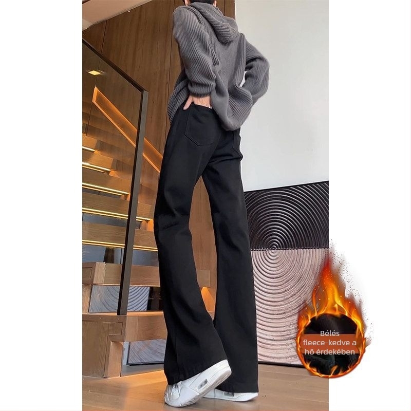 Őszi egyenes szabású farmer, középmagas derék, cipzár, vastag pamut denim, plisírozott mandzsetta