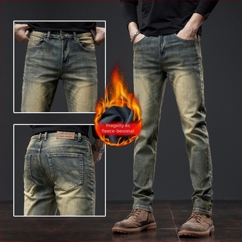 Farmernadrág fleece béléssel, szűk‑egyenes szabás, pamut denim, őszi-téli