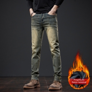 Farmernadrág fleece béléssel, szűk‑egyenes szabás, pamut denim, őszi-téli