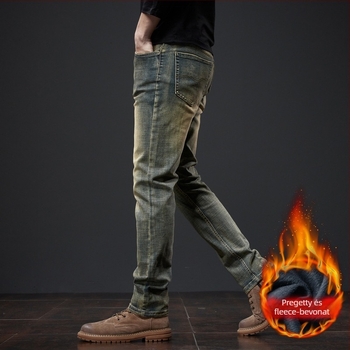 Farmernadrág fleece béléssel, szűk‑egyenes szabás, pamut denim, őszi-téli