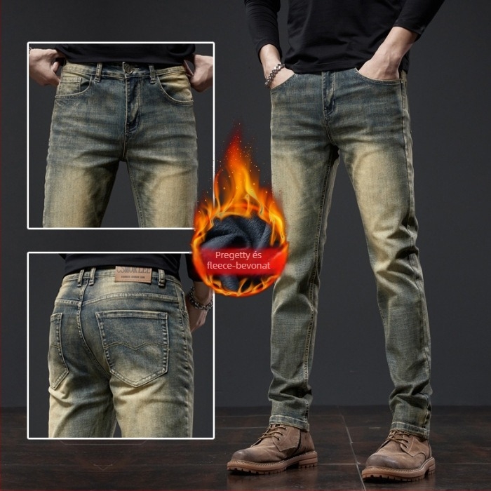 Farmernadrág fleece béléssel, szűk‑egyenes szabás, pamut denim, őszi-téli
