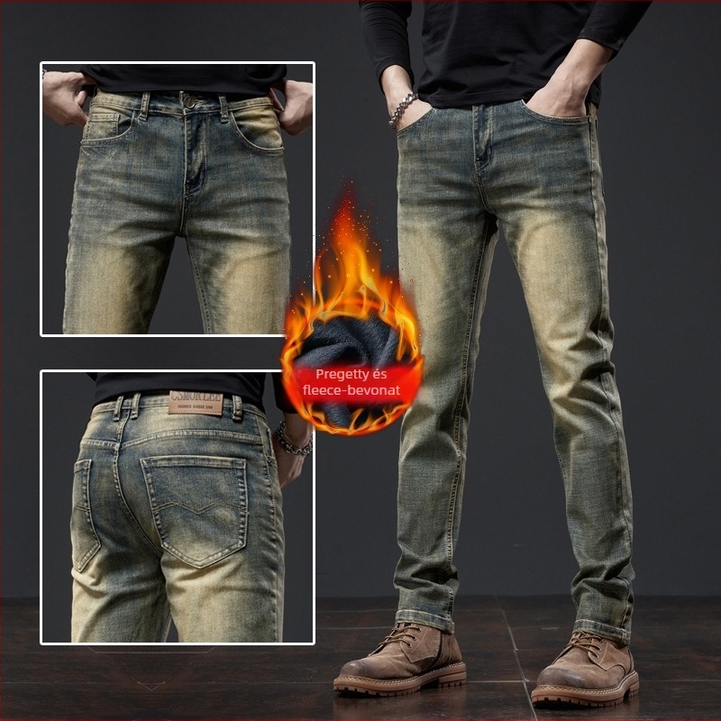 Farmernadrág fleece béléssel, szűk‑egyenes szabás, pamut denim, őszi-téli