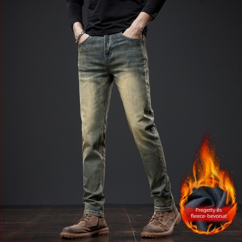 Farmernadrág fleece béléssel, szűk‑egyenes szabás, pamut denim, őszi-téli