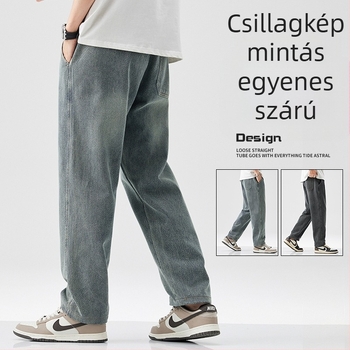 Férfi téli fleece-szövésű farmernadrág — minimalistikus, egyenes szabás, laza fazon, középmagas derék, kötőzáras lezárás