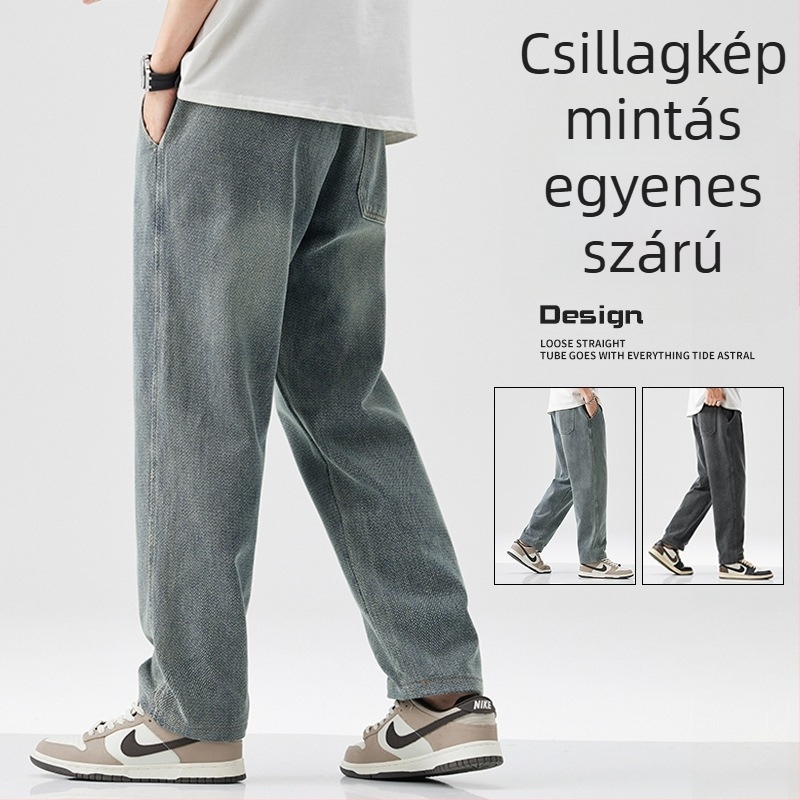 Férfi téli fleece-szövésű farmernadrág — minimalistikus, egyenes szabás, laza fazon, középmagas derék, kötőzáras lezárás