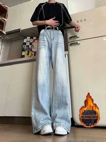 Férfi farmer amerikai retro stílusú, széles szabás, fleece-béléssel, koreai változat, középmagasságú derék, gombos zárás