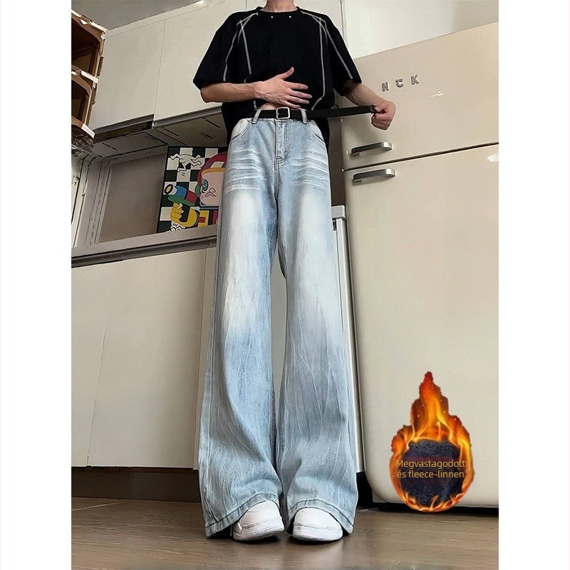 Férfi farmer amerikai retro stílusú, széles szabás, fleece-béléssel, koreai változat, középmagasságú derék, gombos zárás