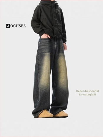 Denim nadrág, laza szabású, egyenes szár, fleece béléssel, mosott, középmagasságú