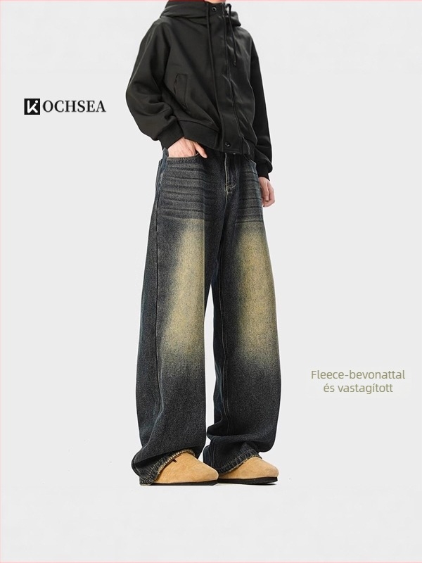 Denim nadrág, laza szabású, egyenes szár, fleece béléssel, mosott, középmagasságú