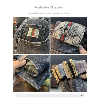 Férfi farmernadrág koreai stílusban, mintás, karcsú szabású, denim, 80% pamut