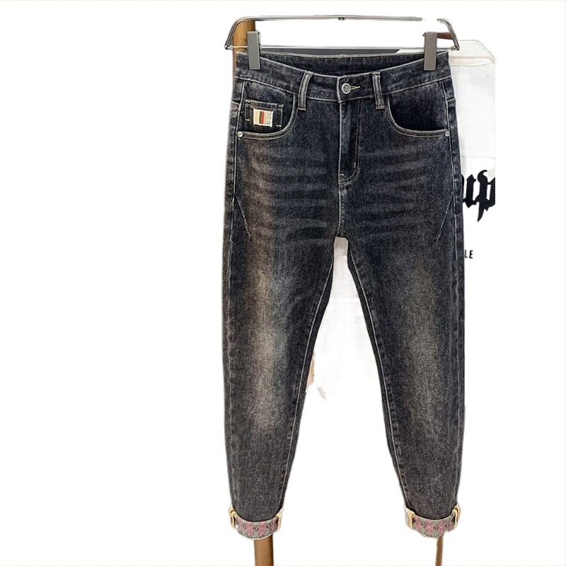 Férfi farmernadrág koreai stílusban, mintás, karcsú szabású, denim, 80% pamut