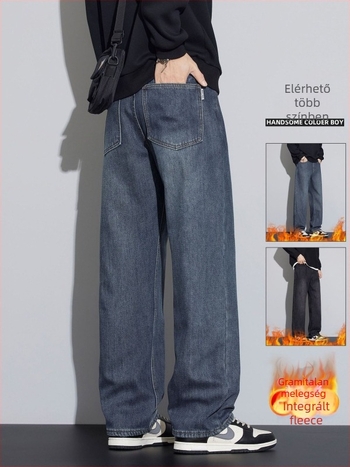 Férfi denim nadrág fleece-béléssel, egyenes szárú, középmagas derék, cipzáras zárás, téli viselet