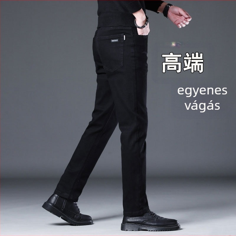 Férfi denim nadrág fleece béléssel, téli, egyenes szabású, középmagas derék