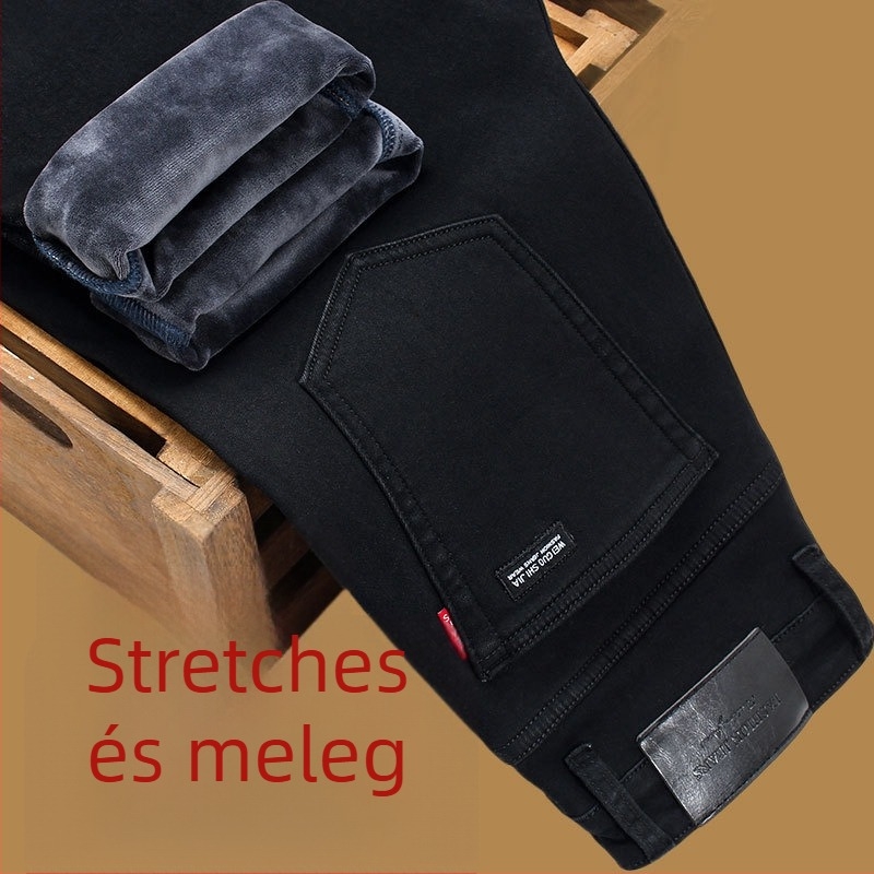 Férfi denim nadrág fleece béléssel, téli, egyenes szabású, középmagas derék