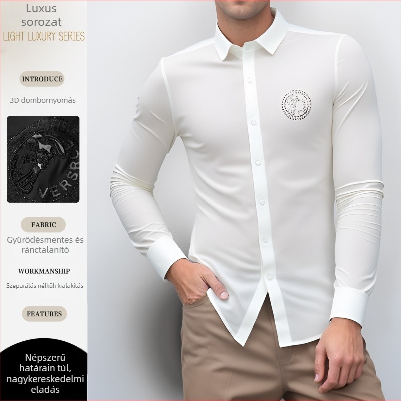 Hosszú ujjú ing, vasalásmentes, nylon-spandex keverék, karcsú fazon, rever gallér, mintás betűk