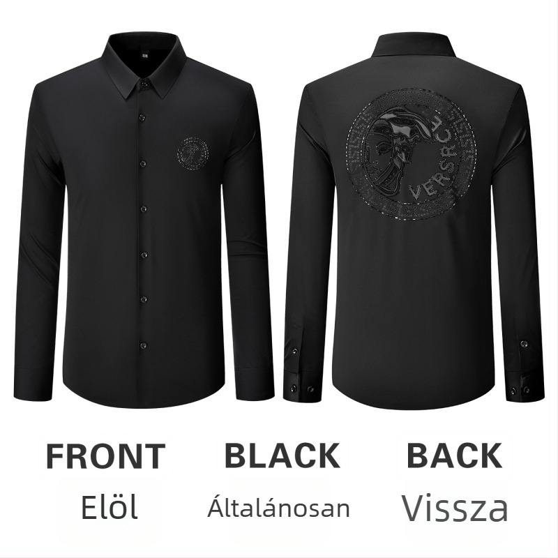 Hosszú ujjú ing, vasalásmentes, nylon-spandex keverék, karcsú fazon, rever gallér, mintás betűk