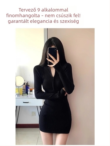 Szűk fazonú kötött ruha hosszú ujjúval, magas derékkal, fél garbó nyakkal, cipzár, pamut-elasztán keverék