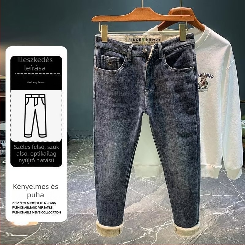 Férfi farmernadrág fleece-béléssel, egyenes szabású, középmagas derék, zipzáras zárás, zsebdíszítés