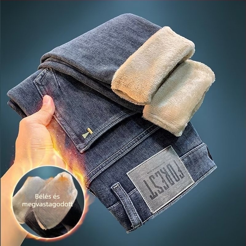 Férfi farmernadrág fleece-béléssel, egyenes szabású, középmagas derék, zipzáras zárás, zsebdíszítés