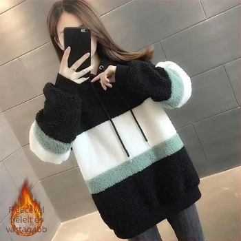 Női kapucnis pulóver fleece-béléssel, laza szabású, patchwork dizájn, vastag poliészter-akril anyag