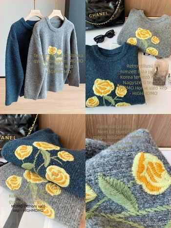 Női lazán szabott pulóver gyapjú-keverék, hímzéssel, kapucnival