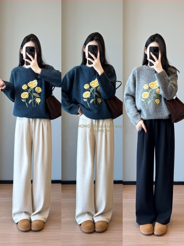 Női lazán szabott pulóver gyapjú-keverék, hímzéssel, kapucnival