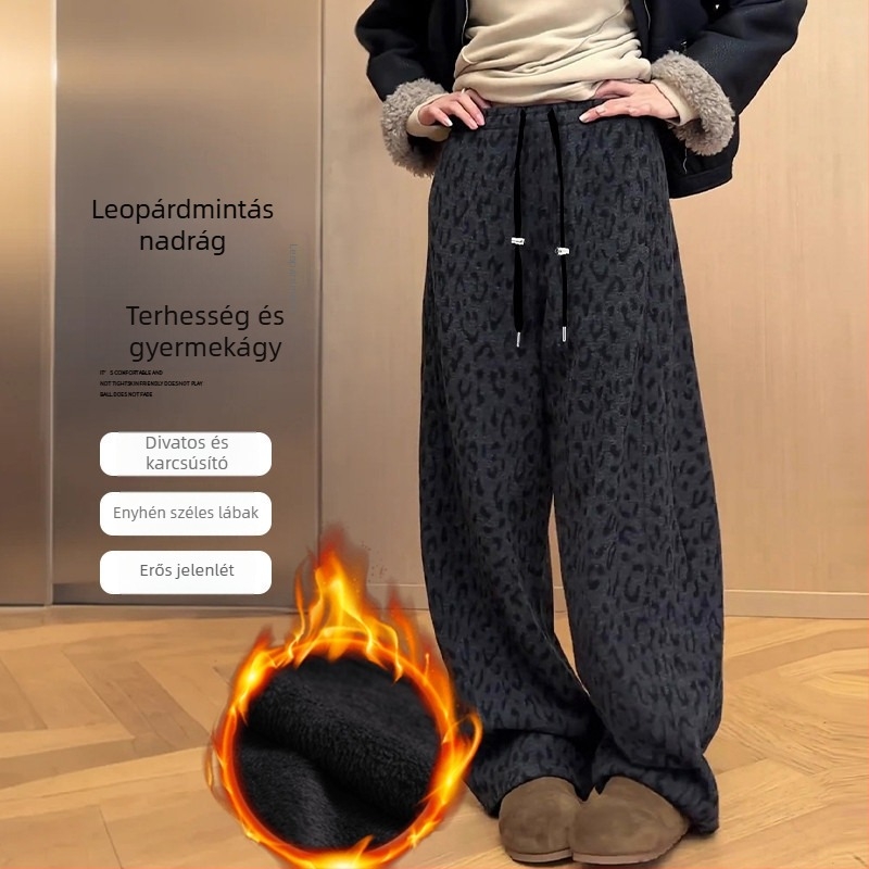 Kismama nadrág leopard mintával, fleece béléssel, széles szárú, téli retro stílus, kényelmes