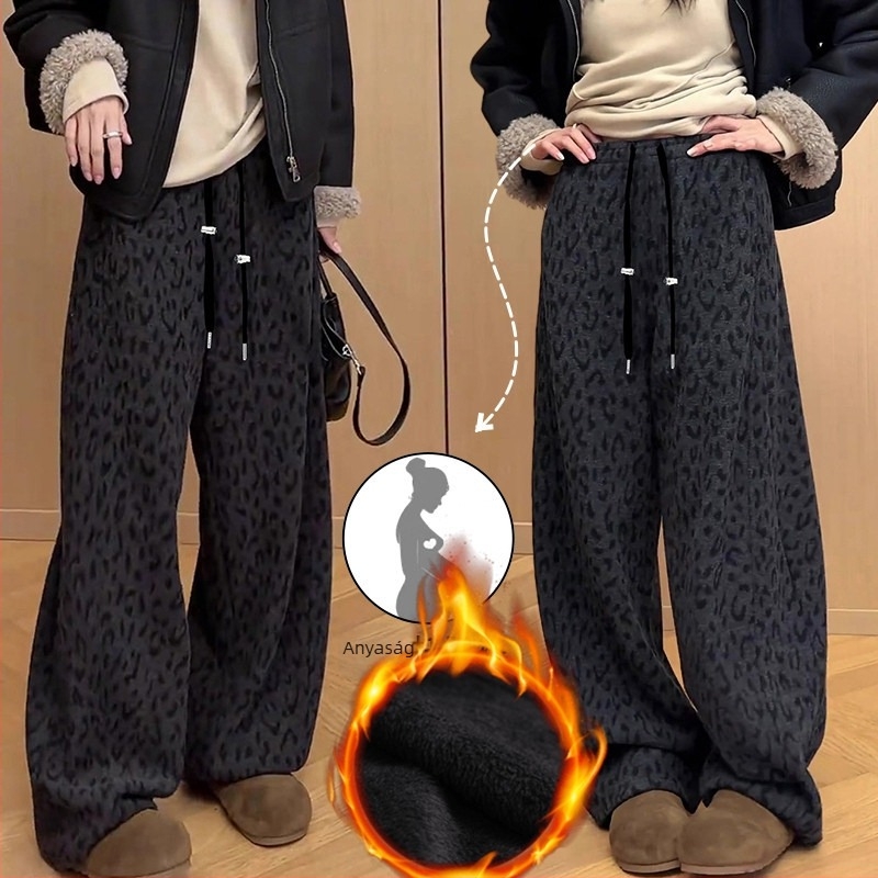 Kismama nadrág leopard mintával, fleece béléssel, széles szárú, téli retro stílus, kényelmes
