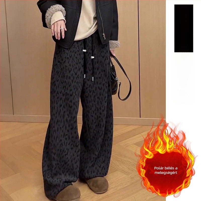 Kismama nadrág leopard mintával, fleece béléssel, széles szárú, téli retro stílus, kényelmes