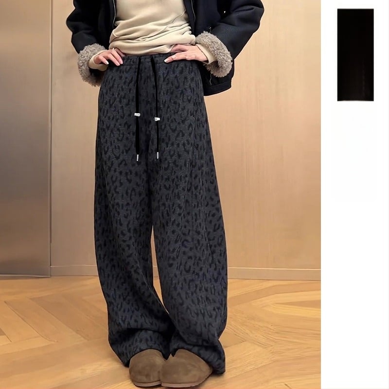 Kismama nadrág leopard mintával, fleece béléssel, széles szárú, téli retro stílus, kényelmes