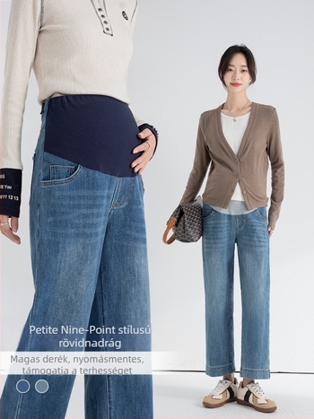 Anyasági farmernadrág hasi támogatással, szabad szabású, pamut denim, 50–70% pamut, közepes vastagság