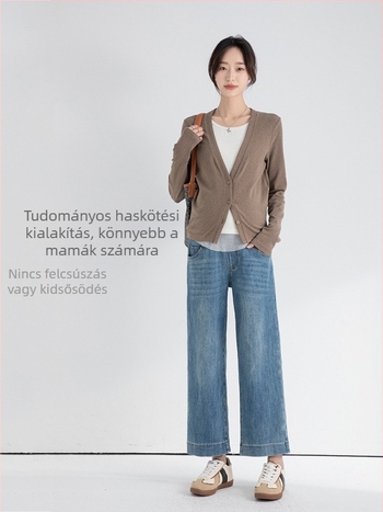 Anyasági farmernadrág hasi támogatással, szabad szabású, pamut denim, 50–70% pamut, közepes vastagság