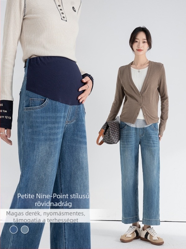 Anyasági farmernadrág hasi támogatással, szabad szabású, pamut denim, 50–70% pamut, közepes vastagság