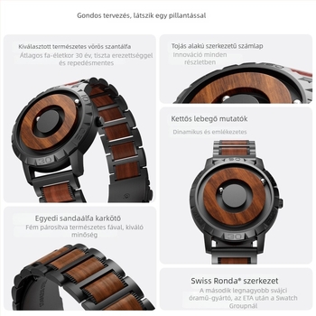 Eutour mágneses levitációs óra mutató nélküli, E031, kvarcos működés Swiss ETA, szantálfa szíj, réz tok