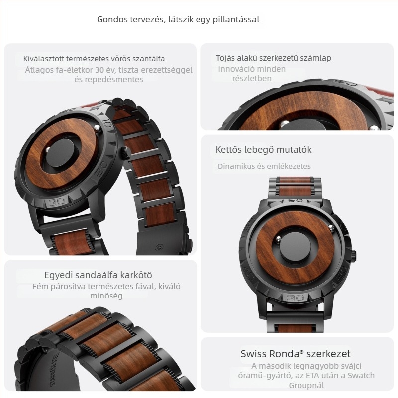 Eutour mágneses levitációs óra mutató nélküli, E031, kvarcos működés Swiss ETA, szantálfa szíj, réz tok