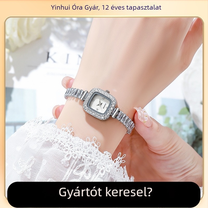 Női kvarcóra négyszögletes tárcsával, ötvözet tok és ötvözet szíj, spirál koronával