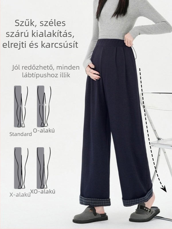2025-ös kismama nadrág ősz-télre, nagy méret, vastag anyag, kényelmes szabású, széles lábú, nem szorítja a pocakot, hosszú nadrág kismamáknak