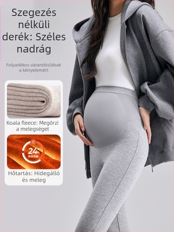 Terhességi nadrág fleece béléssel, magas derék, nylon-spandex keverék, has támogatás
